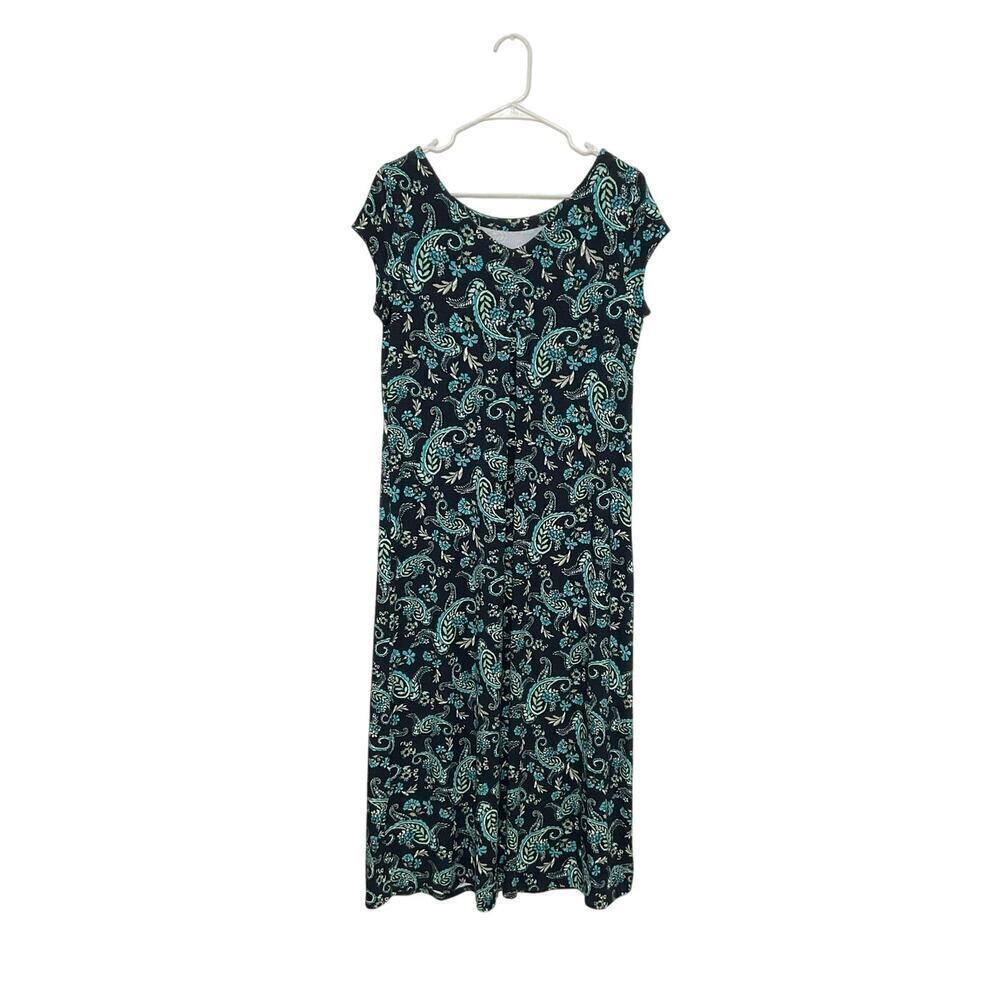 J. Jill Pleated V-Back Maxi Dress Blue Floral Paisley Small Cap Sleeves Stretch - Picture 1 of 7